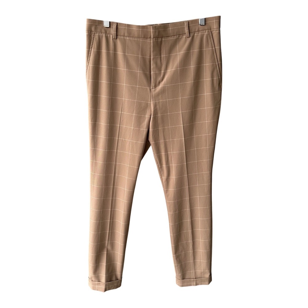 H&M Dress Pants Trousers Skinny Fit Windowpane Plaid Tan Brown Preppy Mens Sz 32